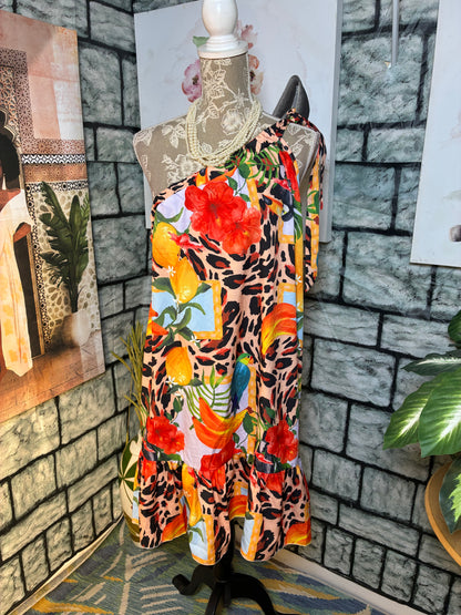 Orange Print Dress Women sz 1XL