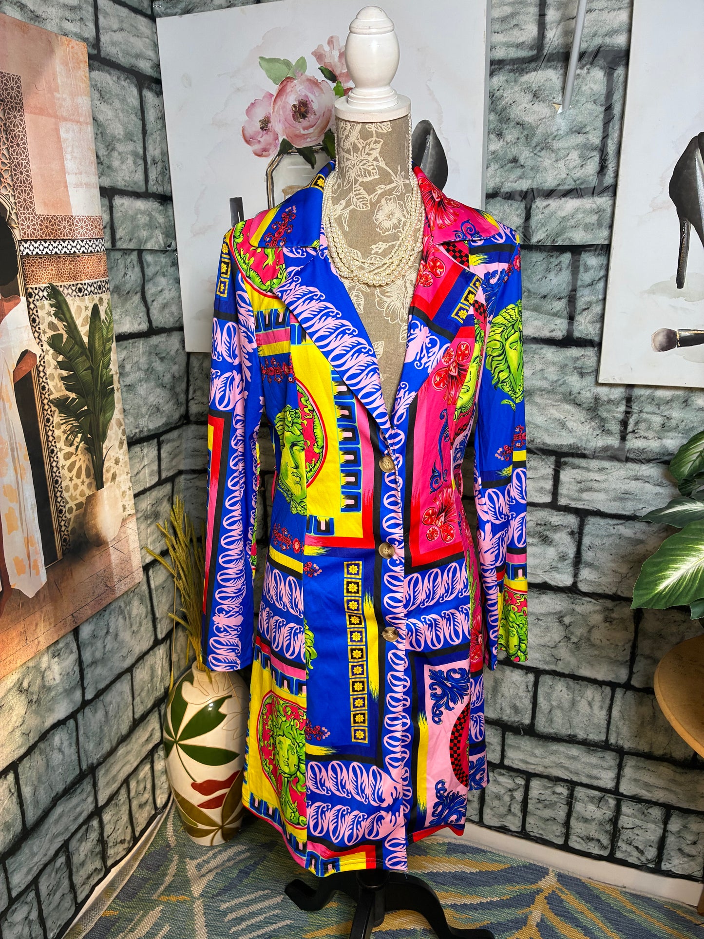 Blue Pink Print Blazer / Dress Women sz 2XL (best fit 1XL)