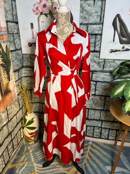 Red White Print Dress Women sz Medium