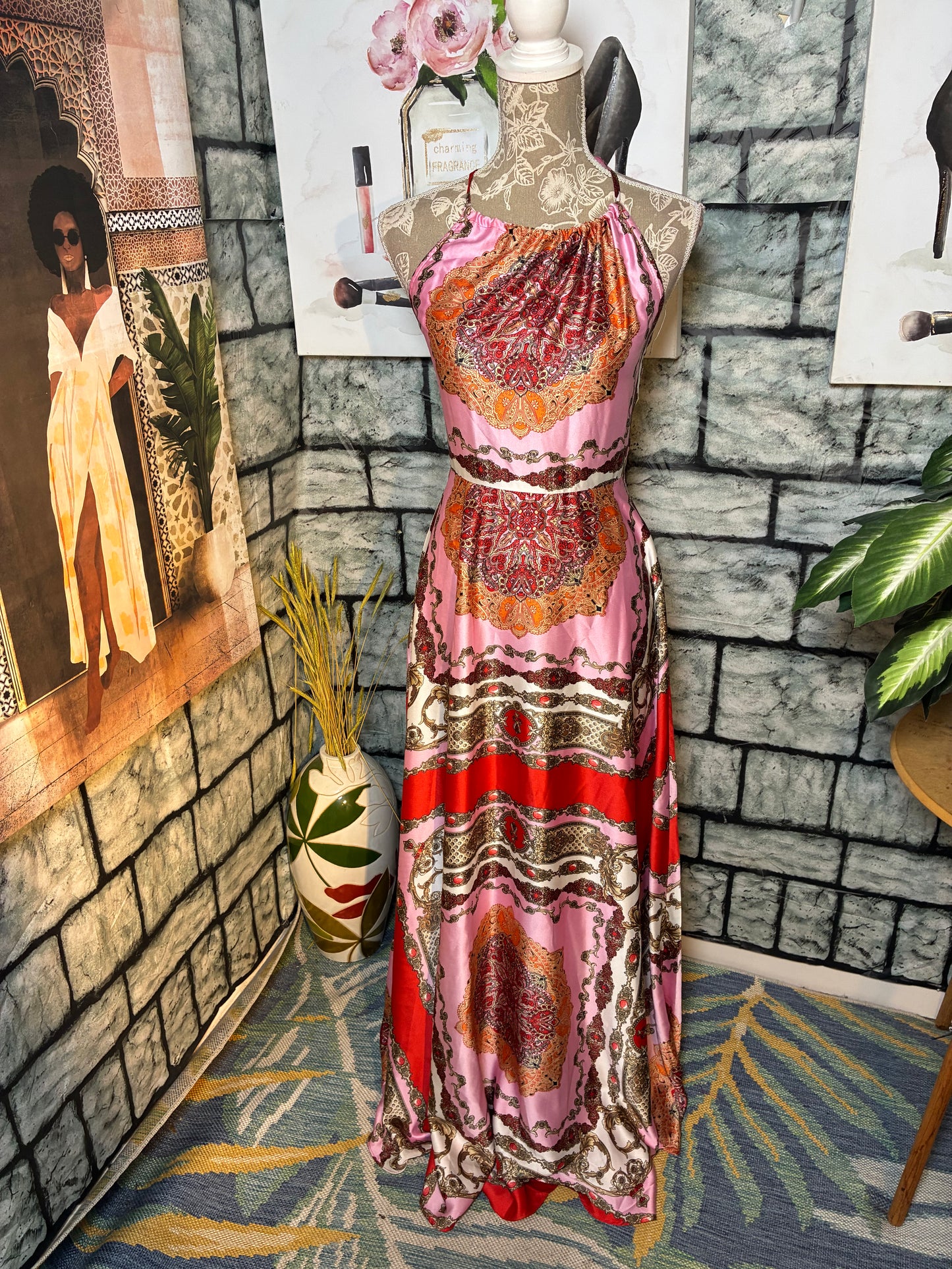 Aakaa Pink Red Print Dress Women sz Small