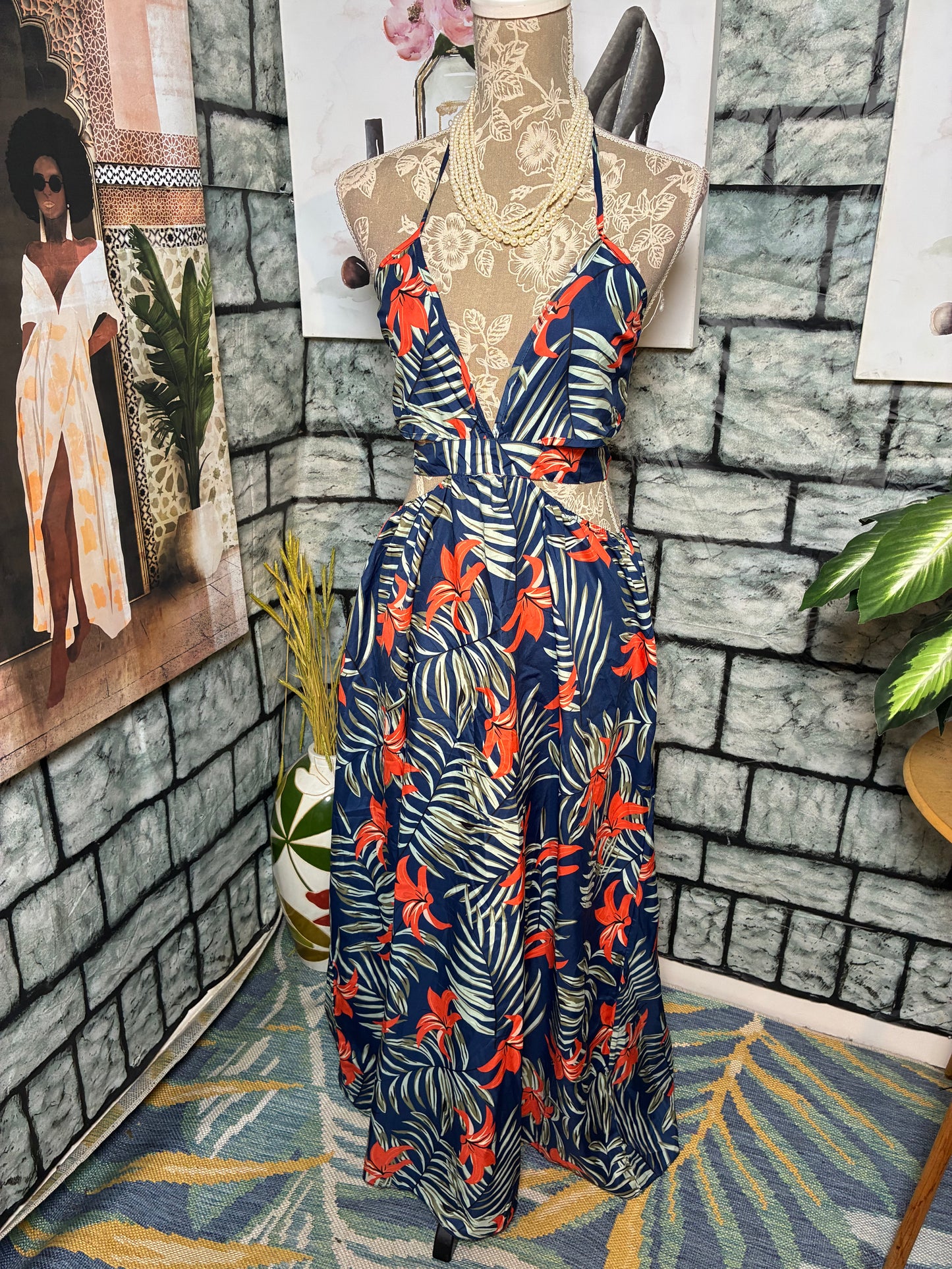 Blue Orange Floral Dress Women sz Large