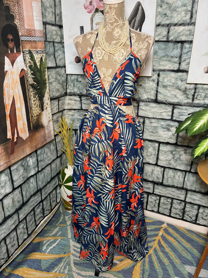 Blue Orange Floral Dress Women sz Large