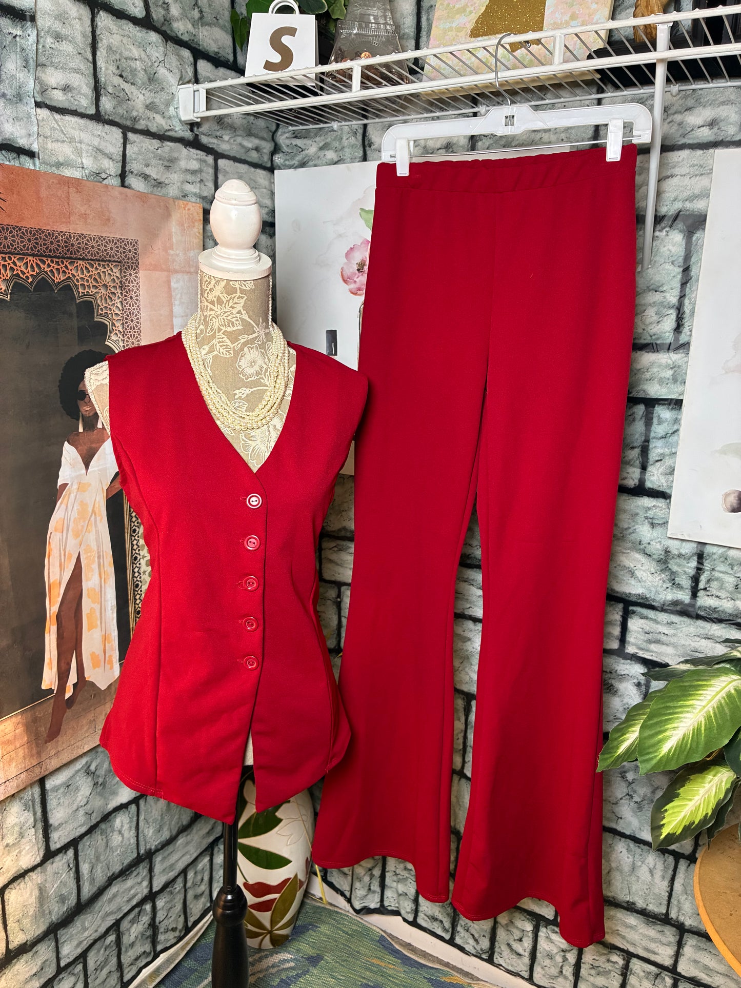 Fashion Nova Red 2 Piece Pants Set Women sz Large