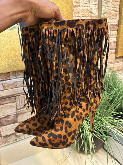 NEW Brown Black Print Fringe Heels Women sz 38 (best fit 7.5)
