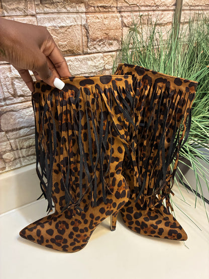 NEW Brown Black Print Fringe Heels Women sz 38 (best fit 7.5)