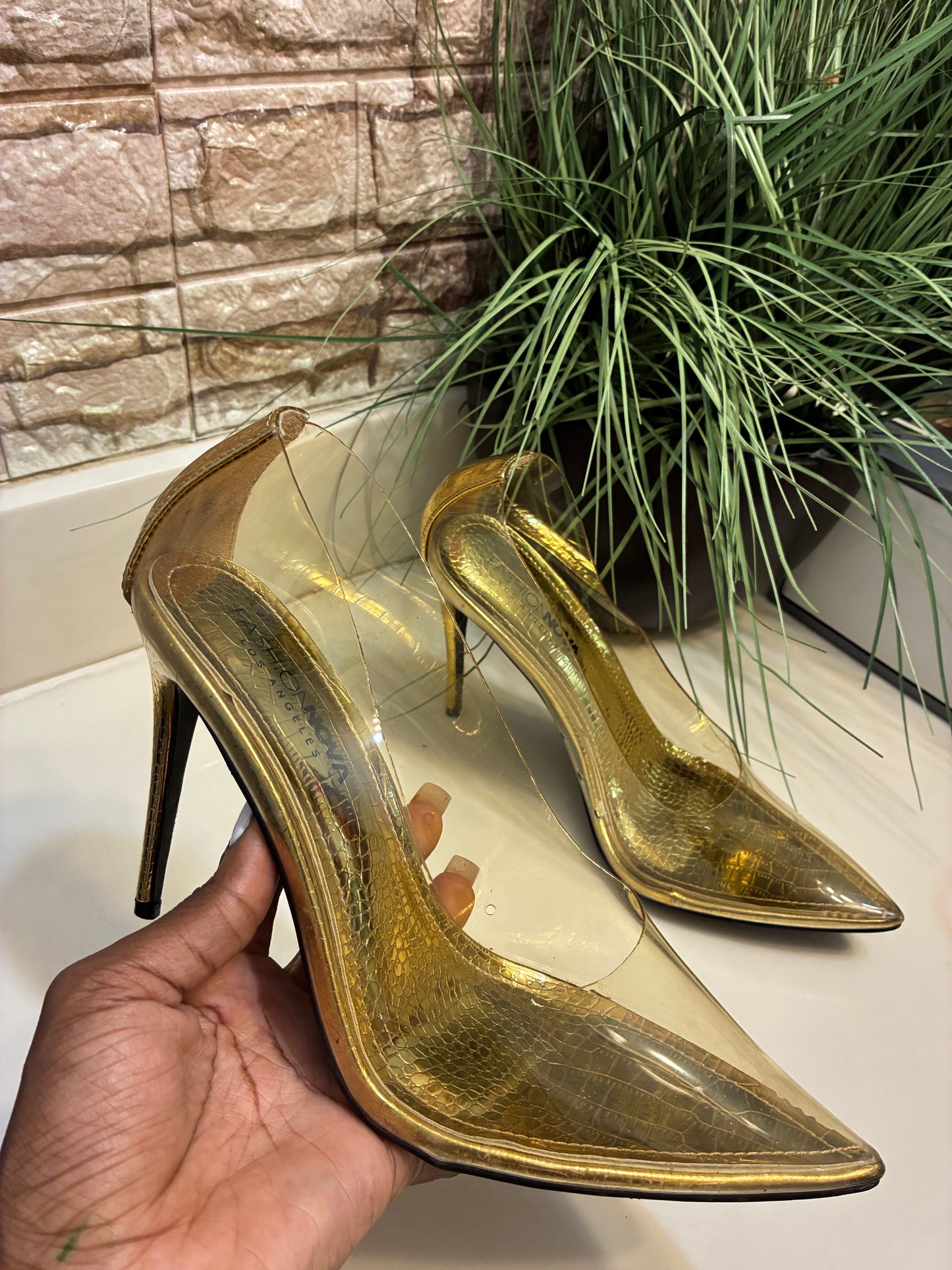Fashion Nova Clear Gold Heels Women sz 8