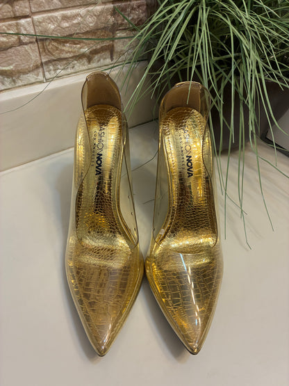 Fashion Nova Clear Gold Heels Women sz 8