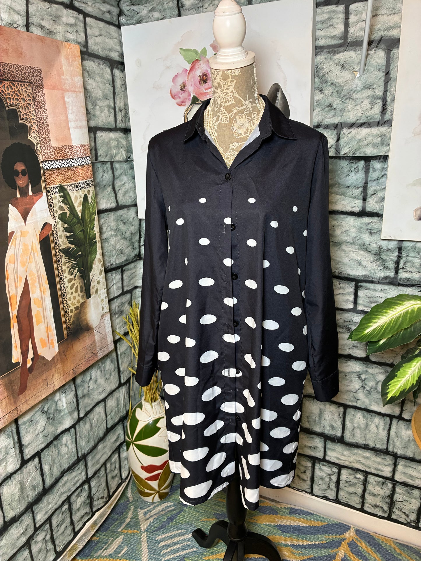 Black White Polka Dot Button Dress Women sz Large