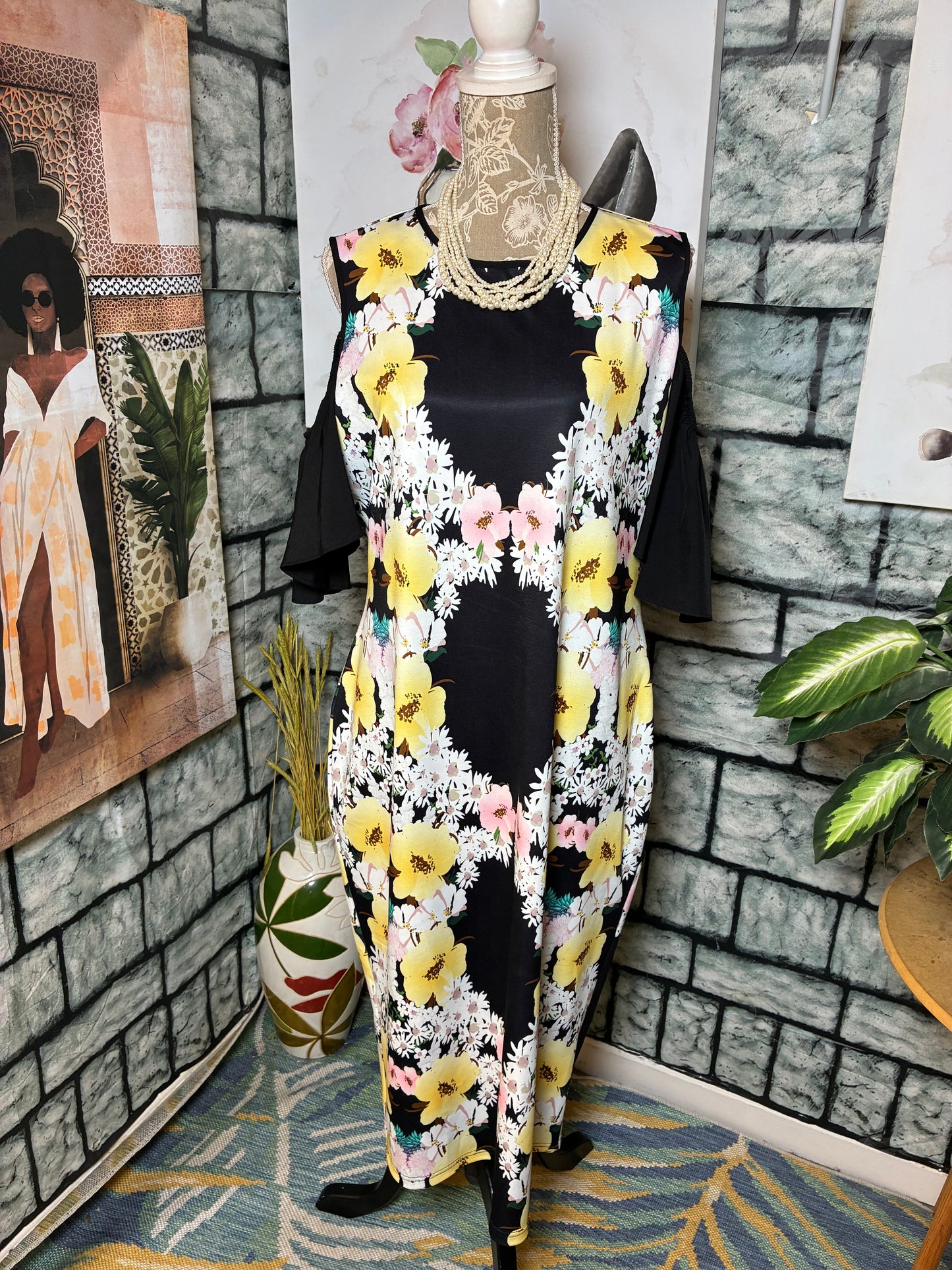 Shein Black Yellow Floral Dress Women sz 2XL