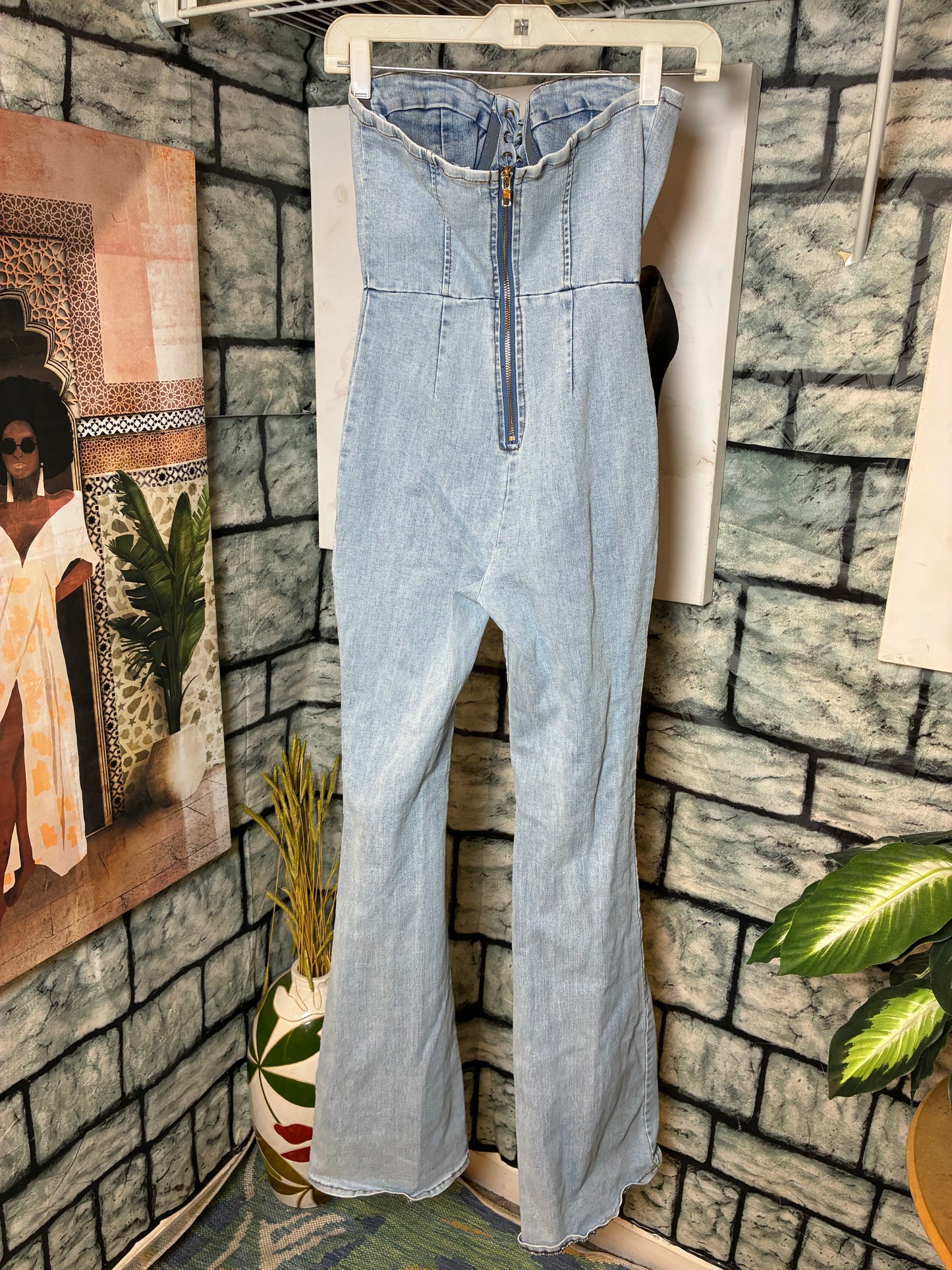 Fashion Nova Blue Denim Jumpsuit Women sz Small
