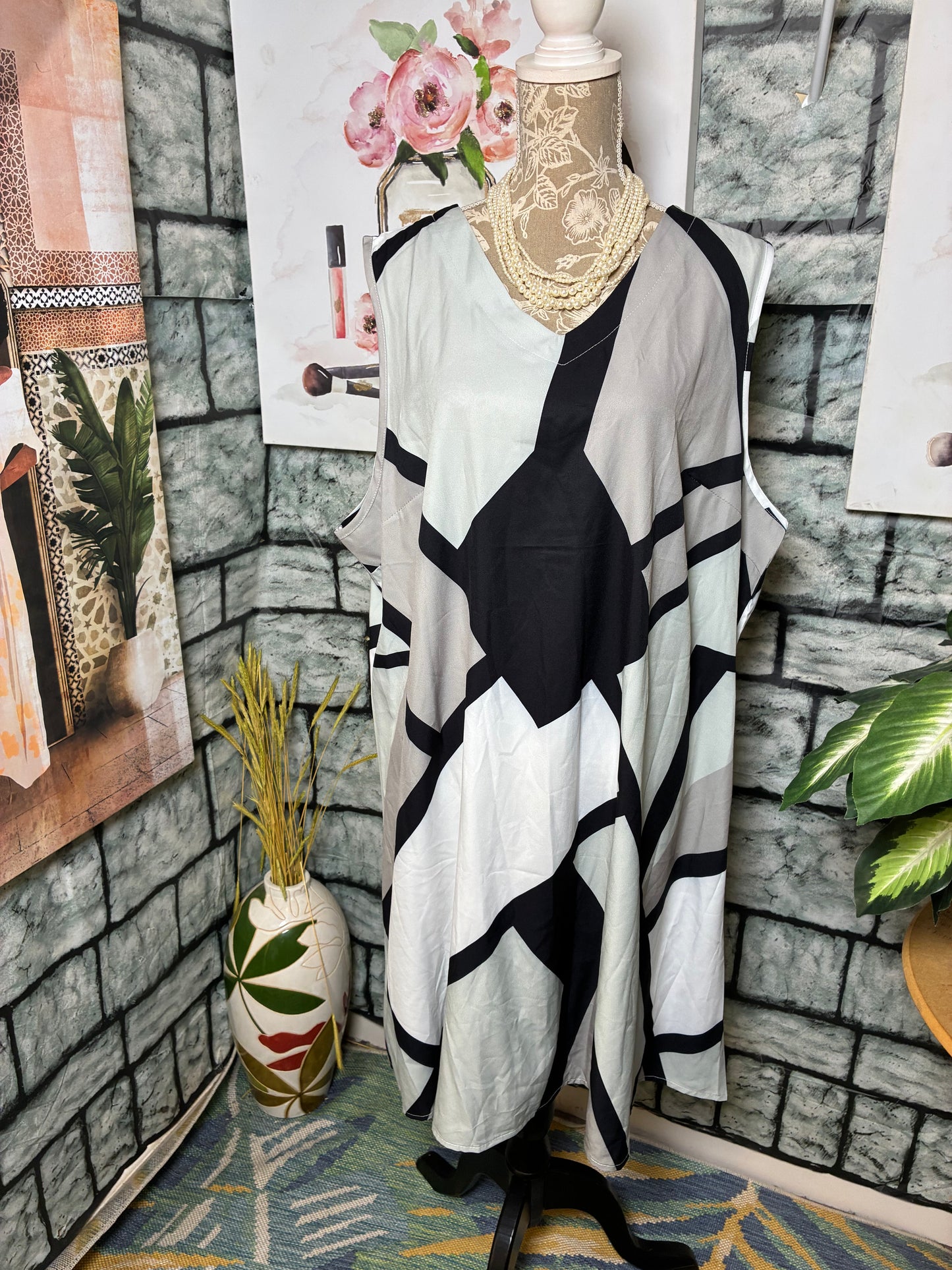 Shein Black Gray Print Dress Women sz 4XL