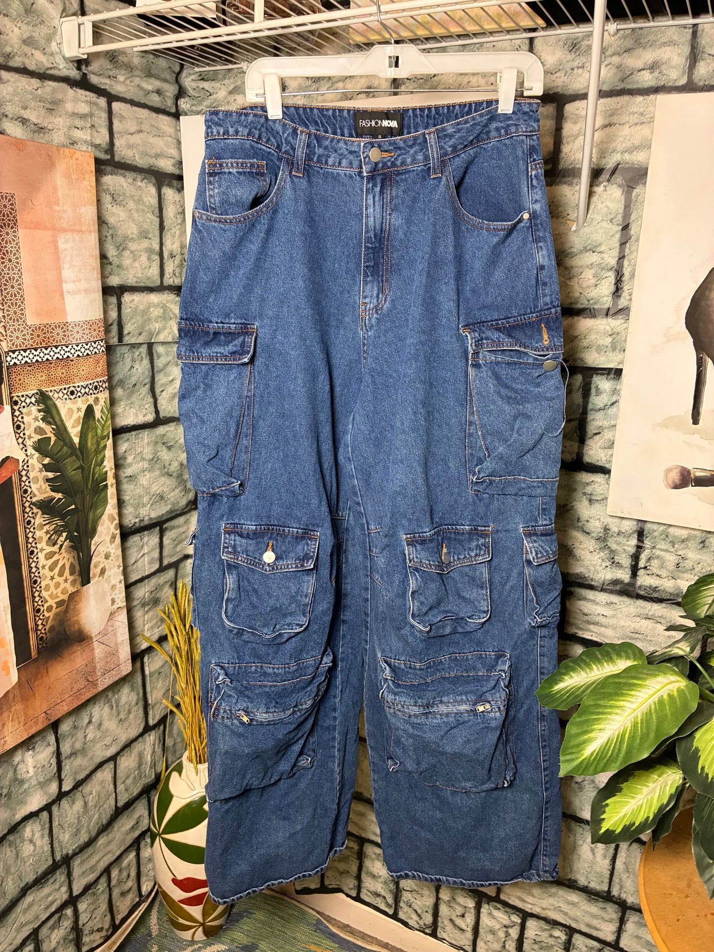 Fashion Nova Blue Denim Cargo Pants Women sz 13