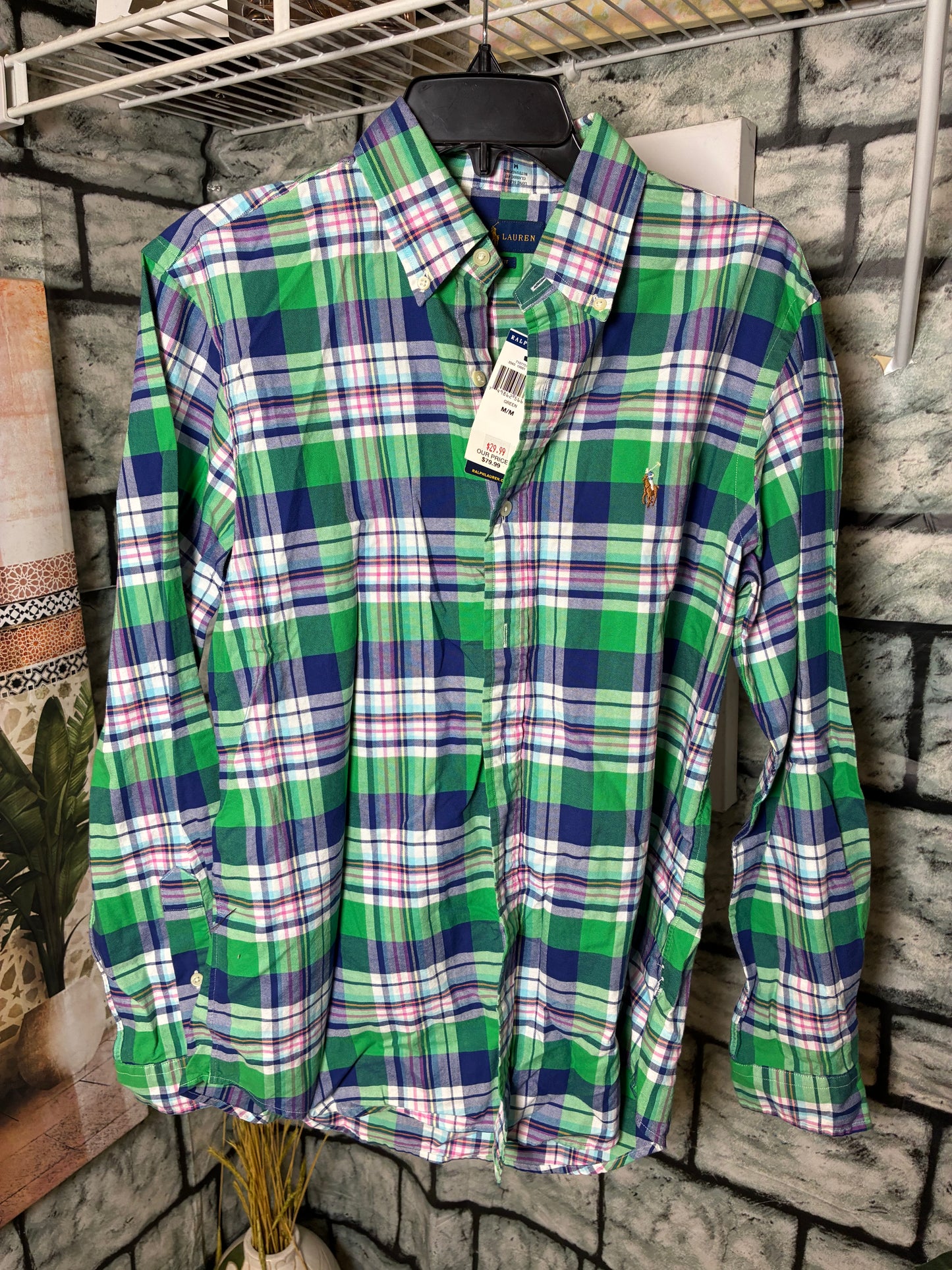 NEW Ralph Lauren Green Blue Button Shirt Men sz Medium