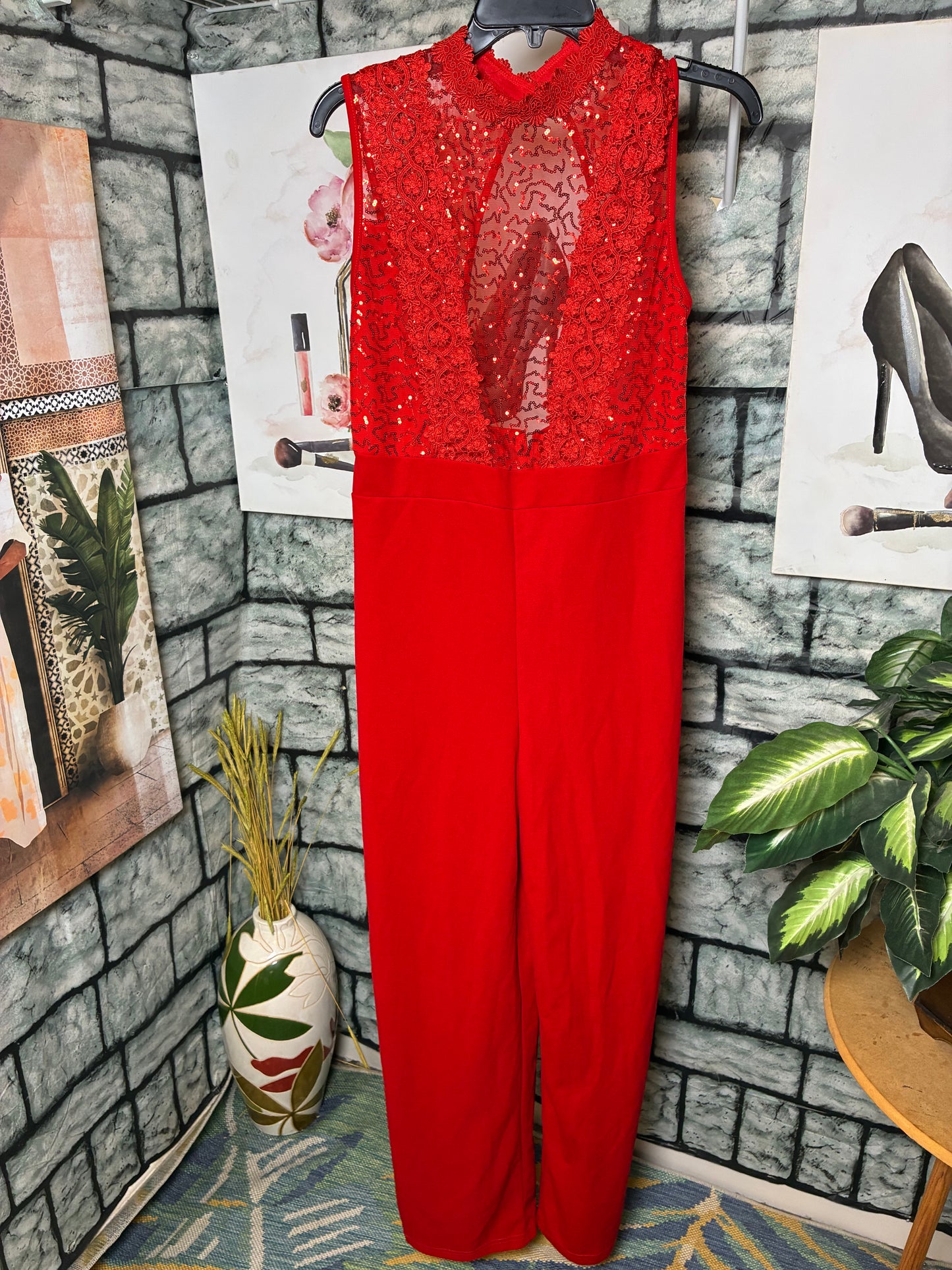 Red Sequin Jumpsuit Women sz Large