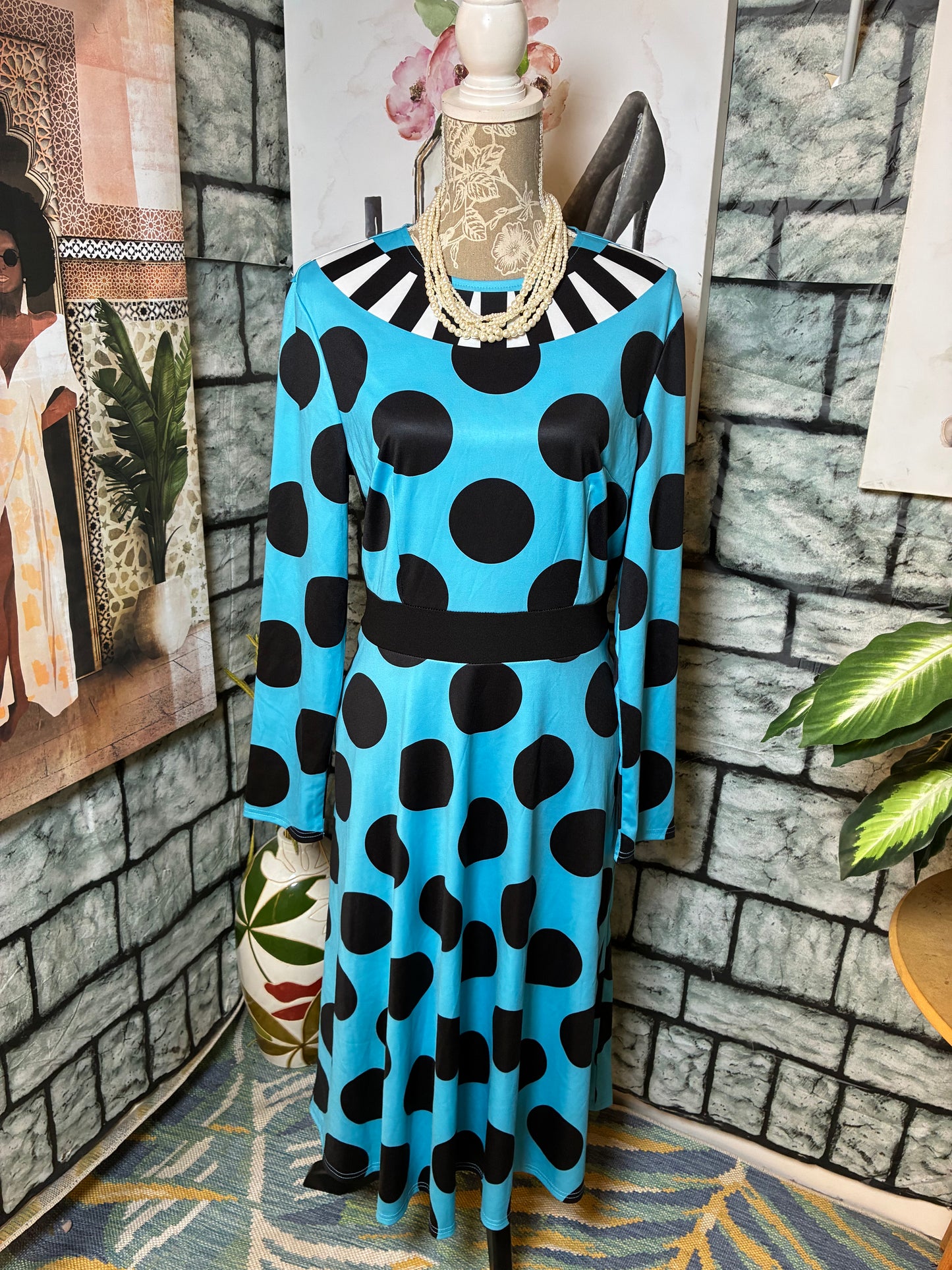 Blue Black Polka Dot Dress Women sz Large