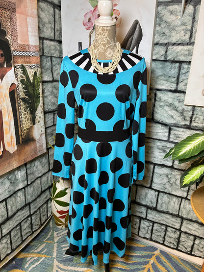 Blue Black Polka Dot Dress Women sz Large