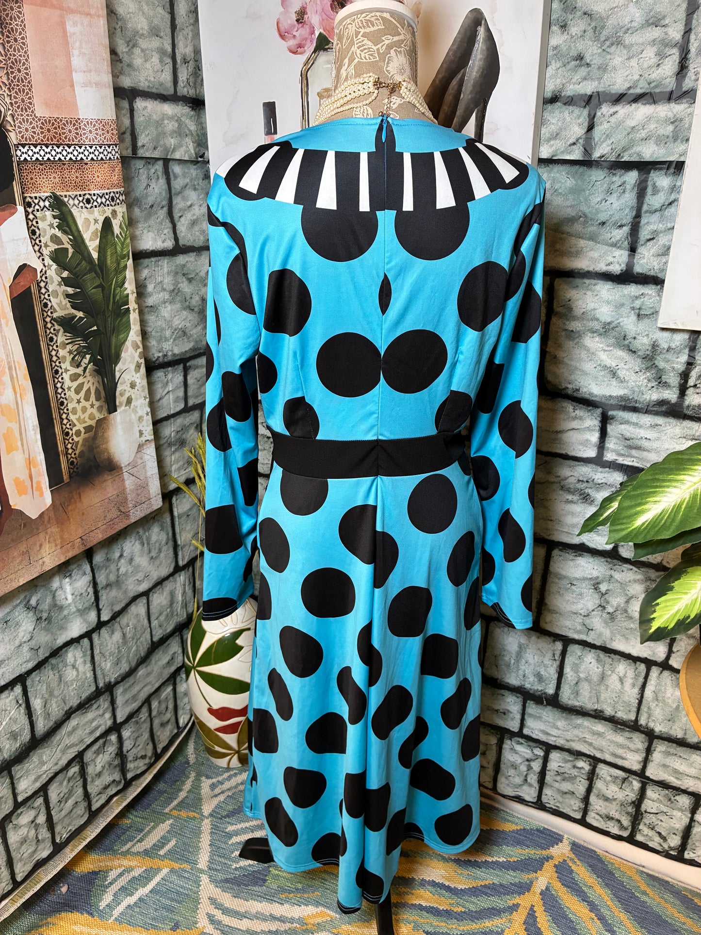 Blue Black Polka Dot Dress Women sz Large