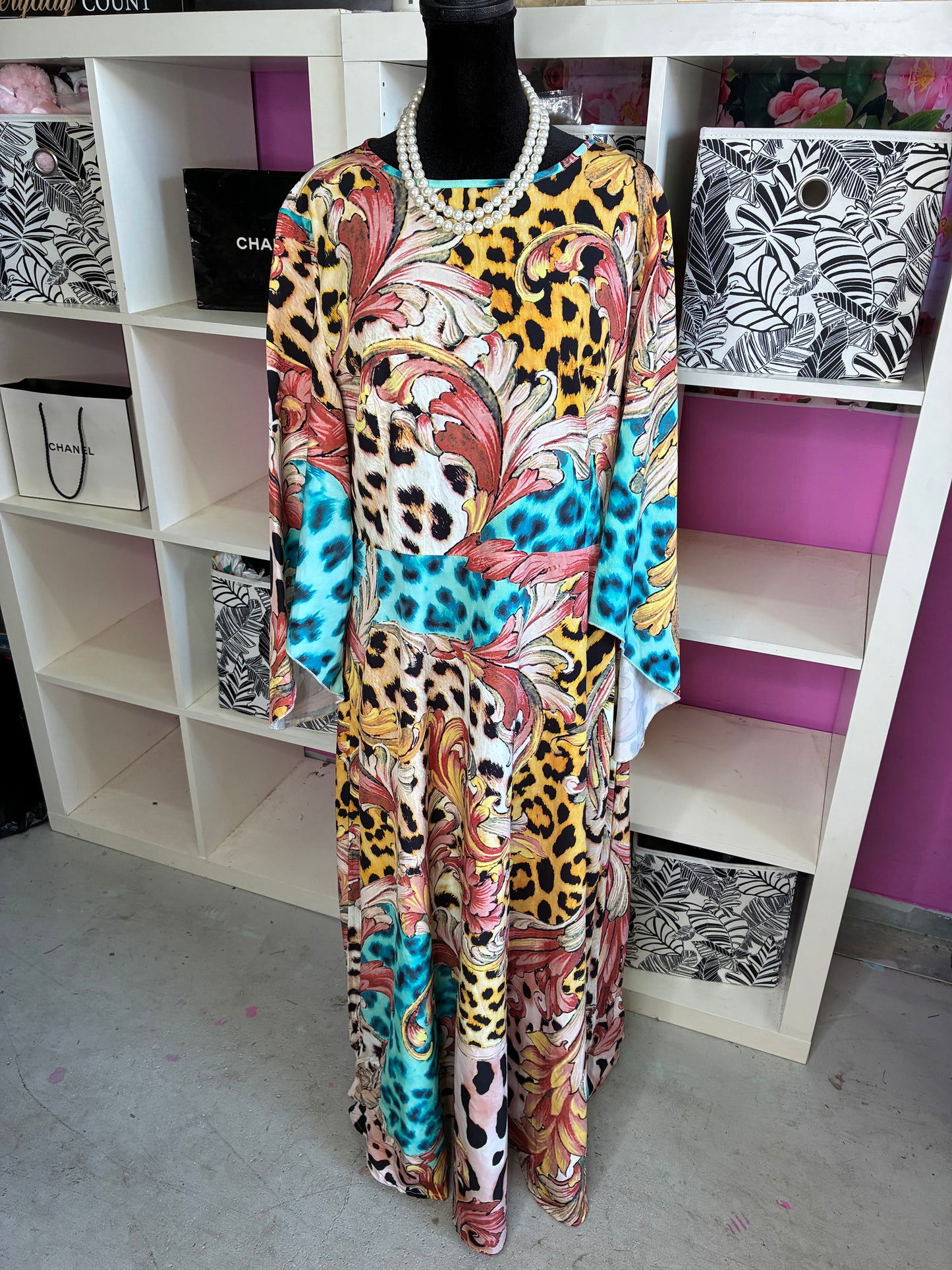 Blue Yellow Print Dress Women sz XL