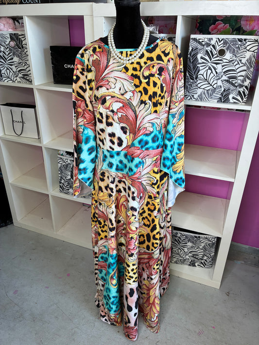 Blue Yellow Print Dress Women sz XL
