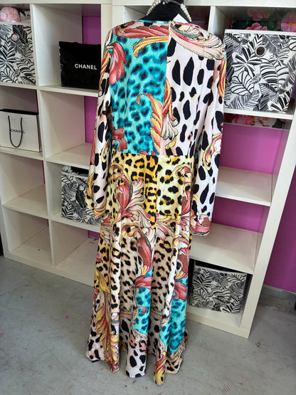 Blue Yellow Print Dress Women sz XL