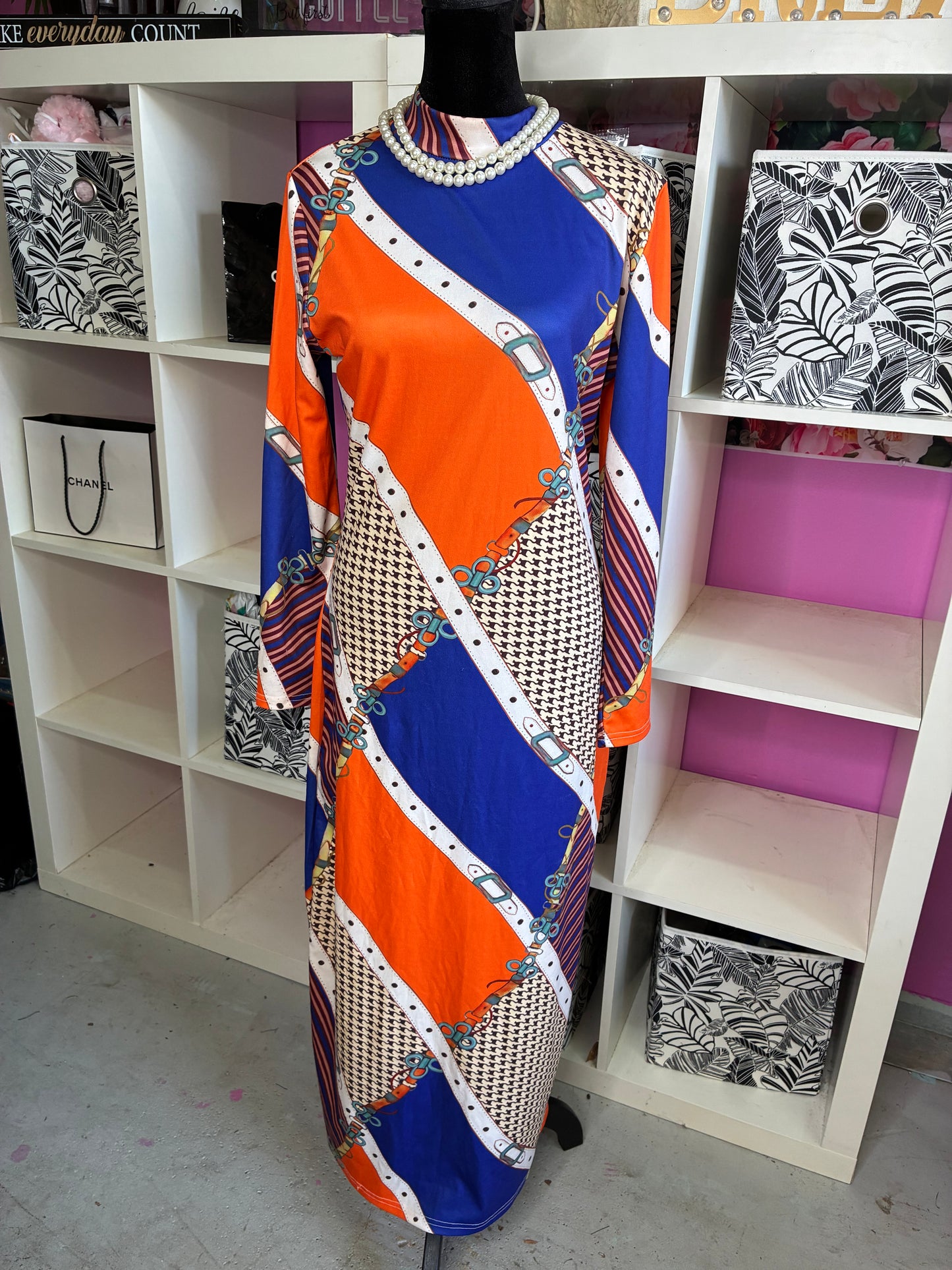 Orange Blue Print Dress Women sz Medium