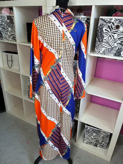 Orange Blue Print Dress Women sz Medium