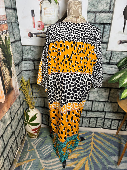 Yellow Black Blue Print Duster Women sz One Size (best fits up to XL)