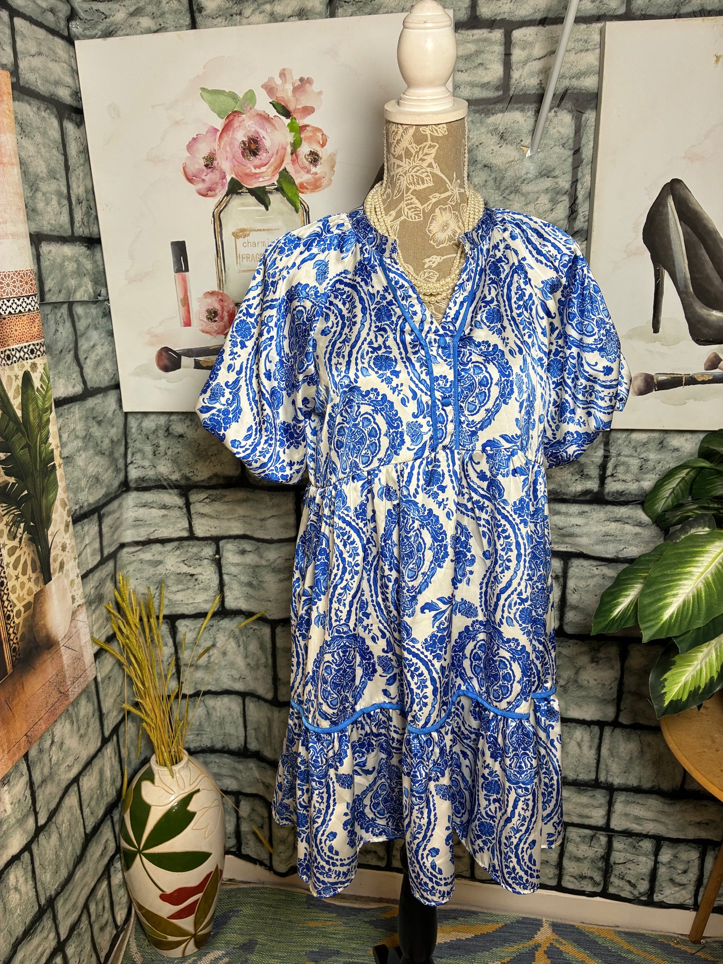 Umgee Blue White Dress Women sz Small