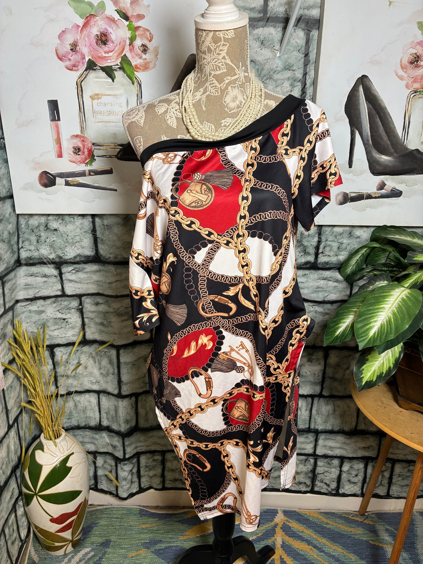 Shein Black Red Print Blouse Women sz 3XL
