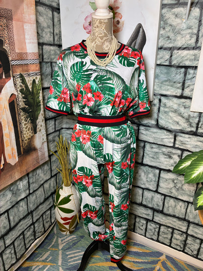 RedFox Green White Red Print Pants Set Women sz Large