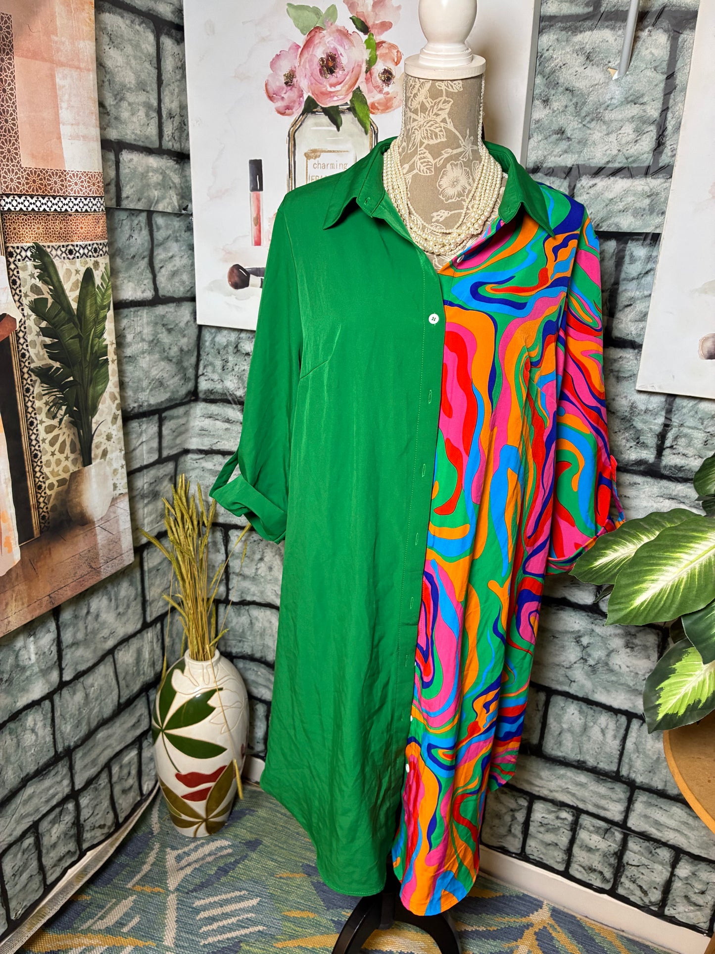 Shein Green Colorful Button Dress Women sz 1XL