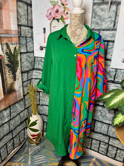 Shein Green Colorful Button Dress Women sz 1XL