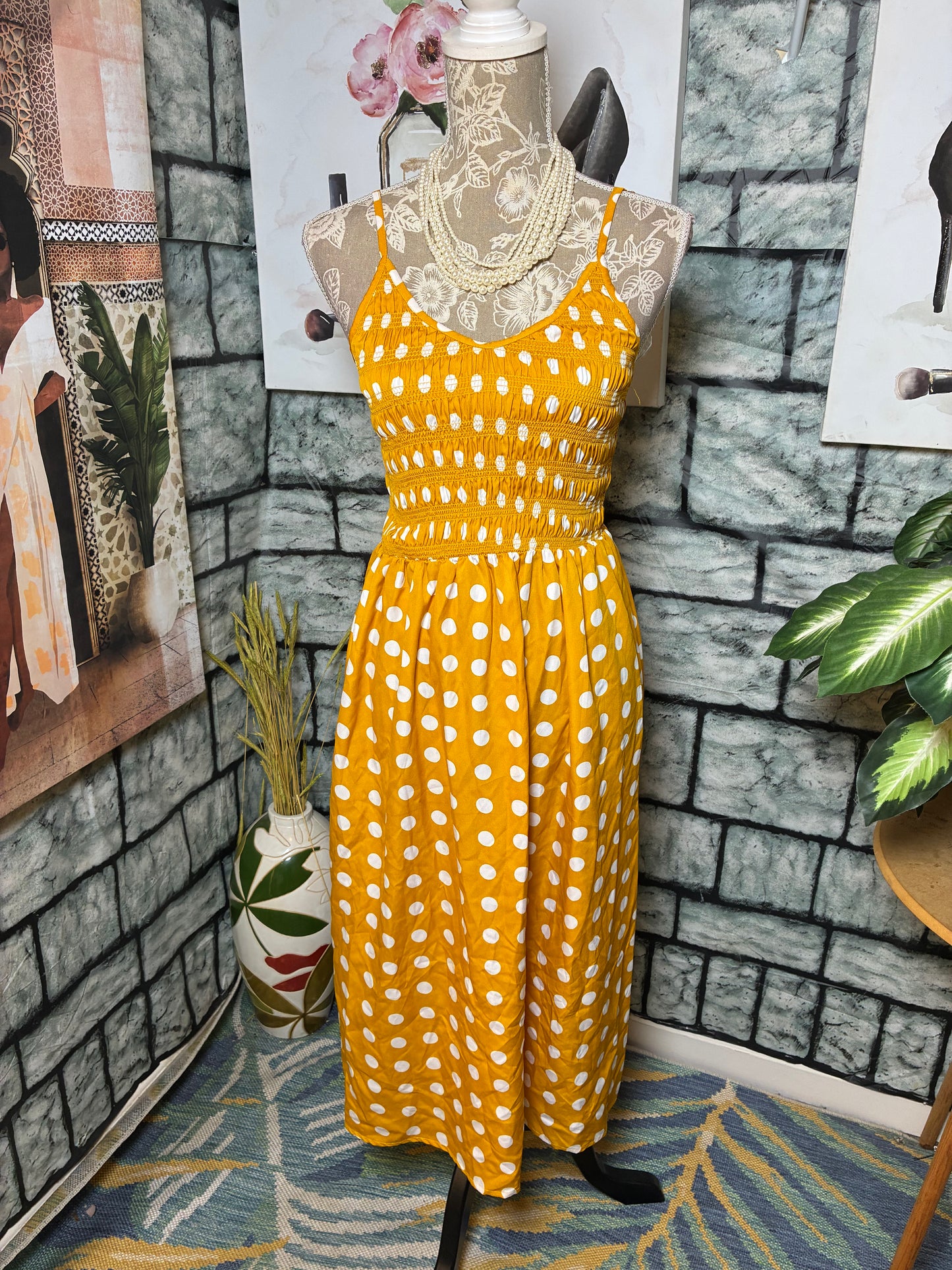 Kings Road Yellow White Polka Dot Dress Women sz Small
