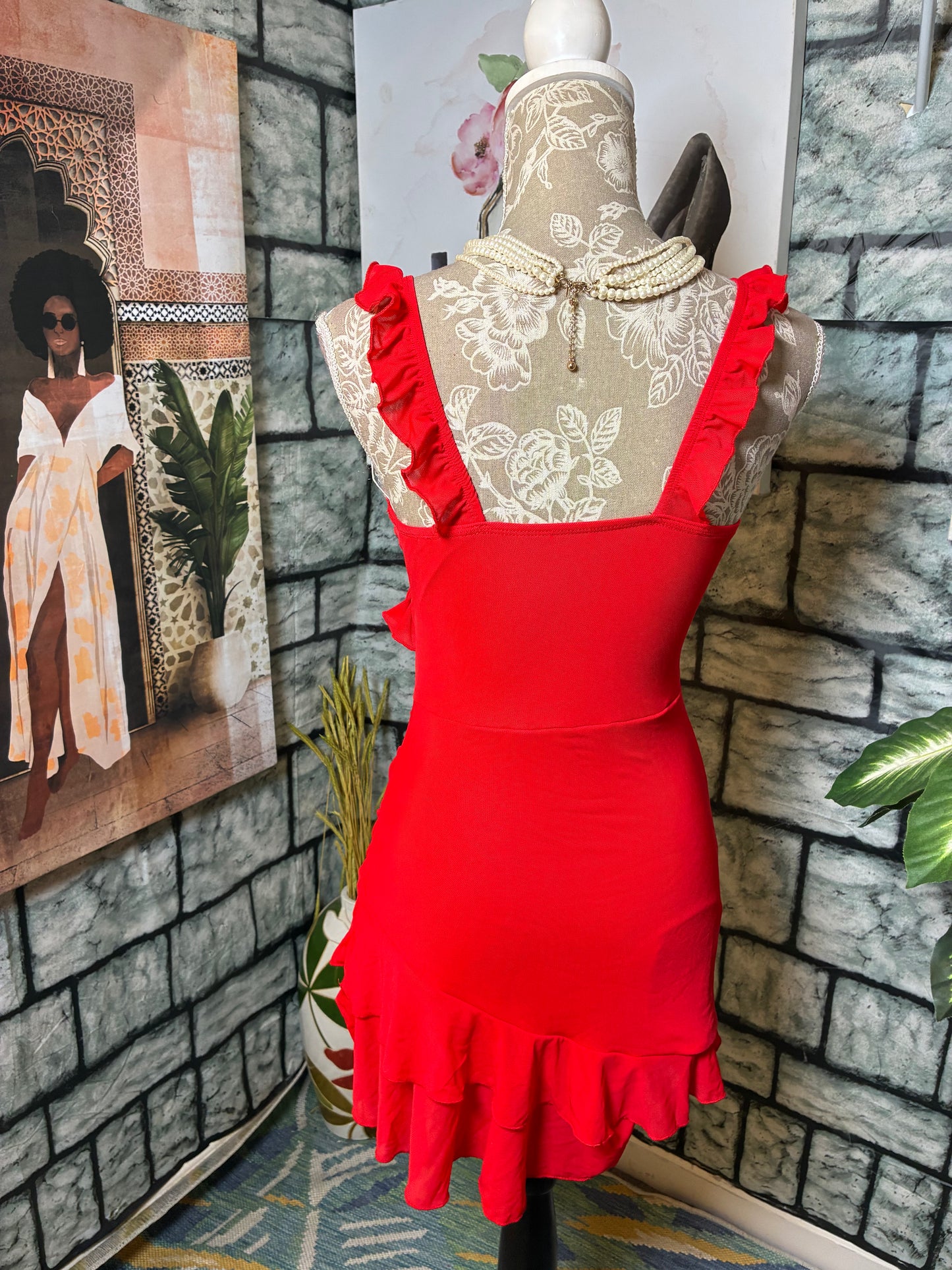 Red Ruffle Dress Women sz Small