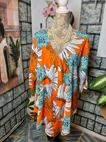 Orange Blue Print Blouse Women sz 2XL