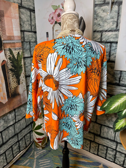 Orange Blue Print Blouse Women sz 2XL