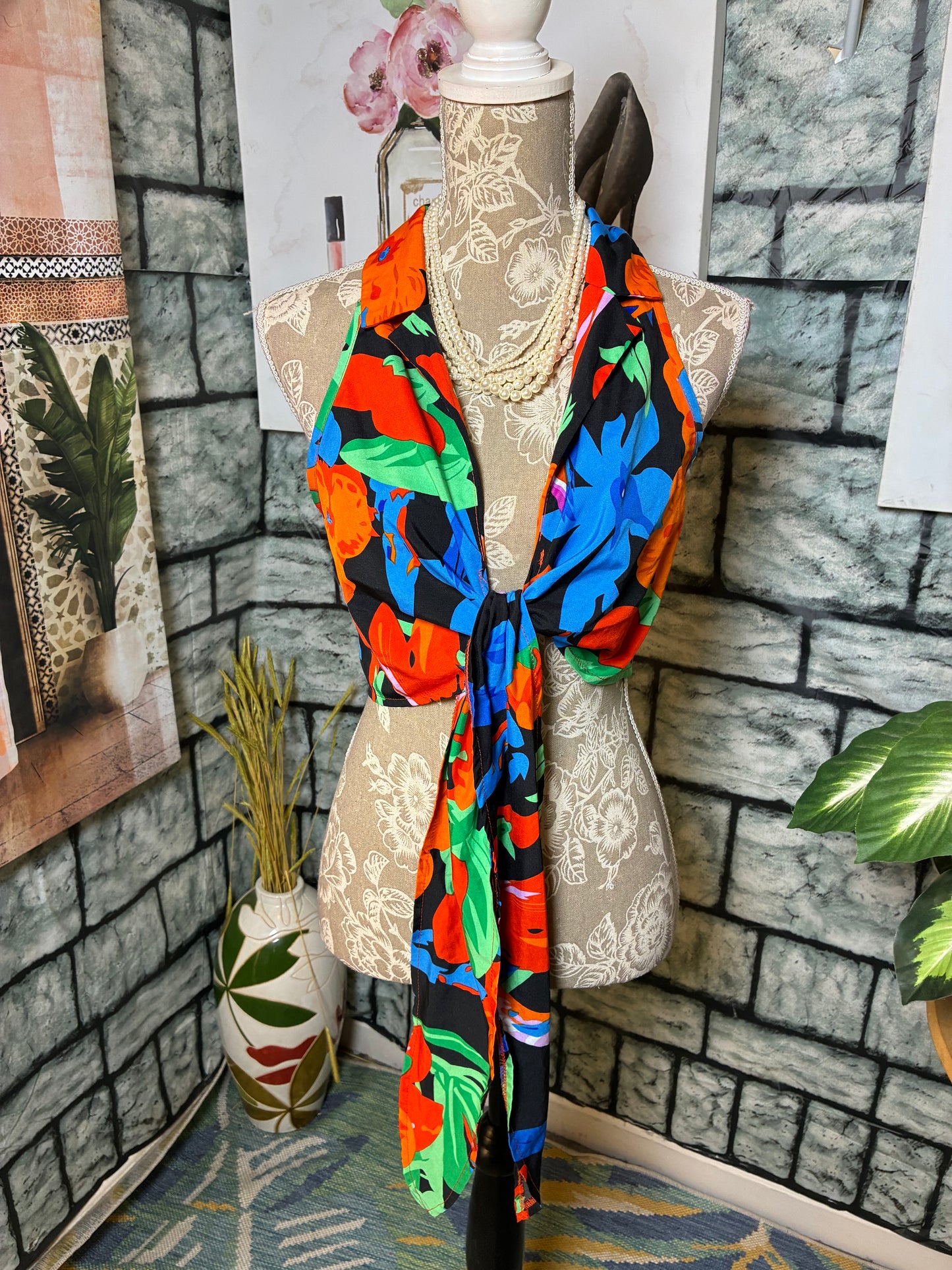 Blue Orange Tropical Blouse Women sz Medium