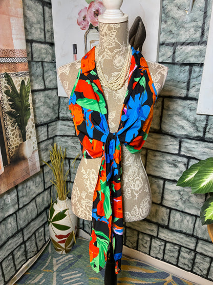 Blue Orange Tropical Blouse Women sz Medium