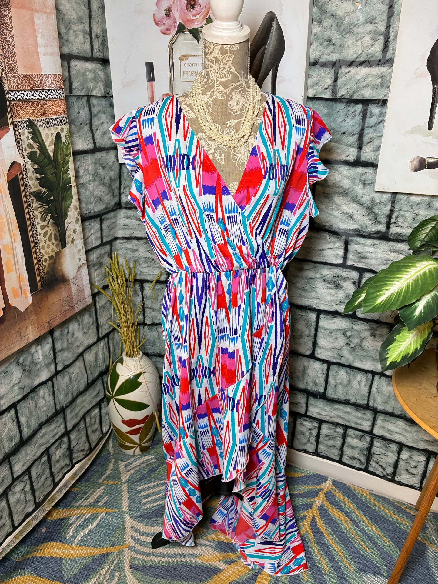 Grecerelle Blue Pink Red Dress Women sz 2XL (best fit 1XL)