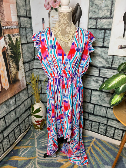 Grecerelle Blue Pink Red Dress Women sz 2XL (best fit 1XL)