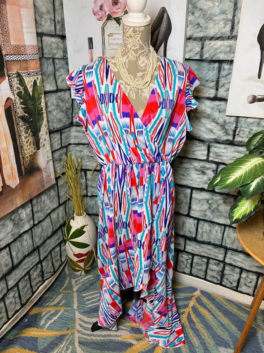 Grecerelle Blue Pink Red Dress Women sz 2XL (best fit 1XL)