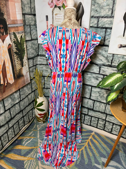 Grecerelle Blue Pink Red Dress Women sz 2XL (best fit 1XL)