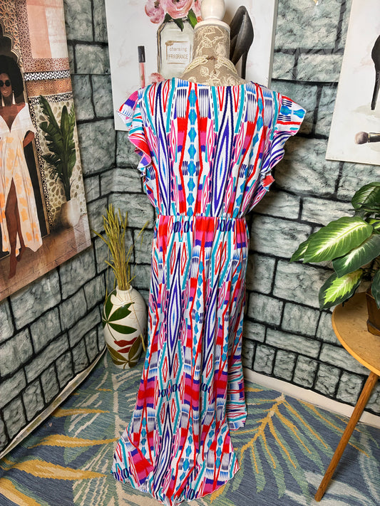 Grecerelle Blue Pink Red Dress Women sz 2XL (best fit 1XL)