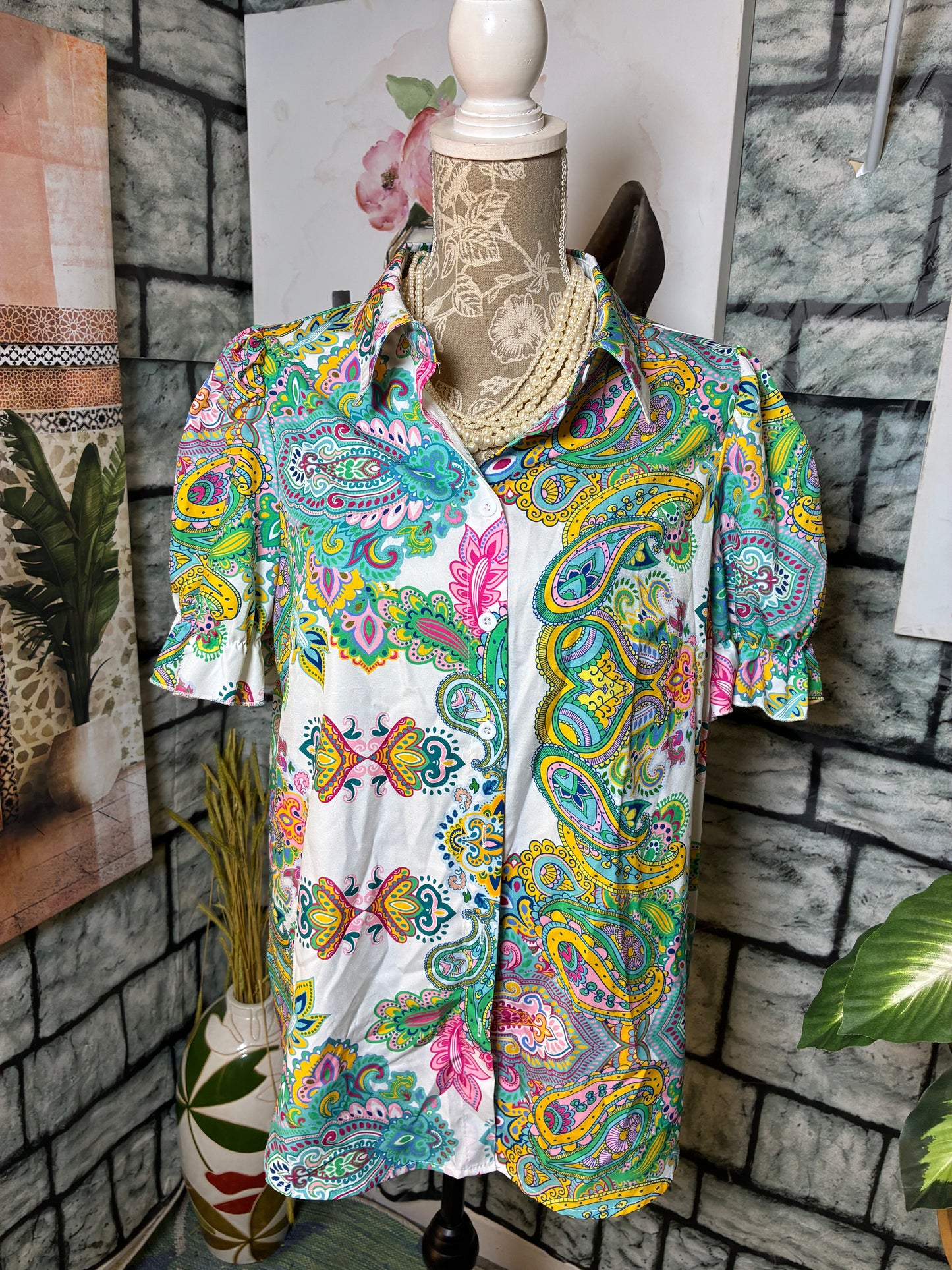 Shein Colorful Print Button Blouse Women sz 1XL