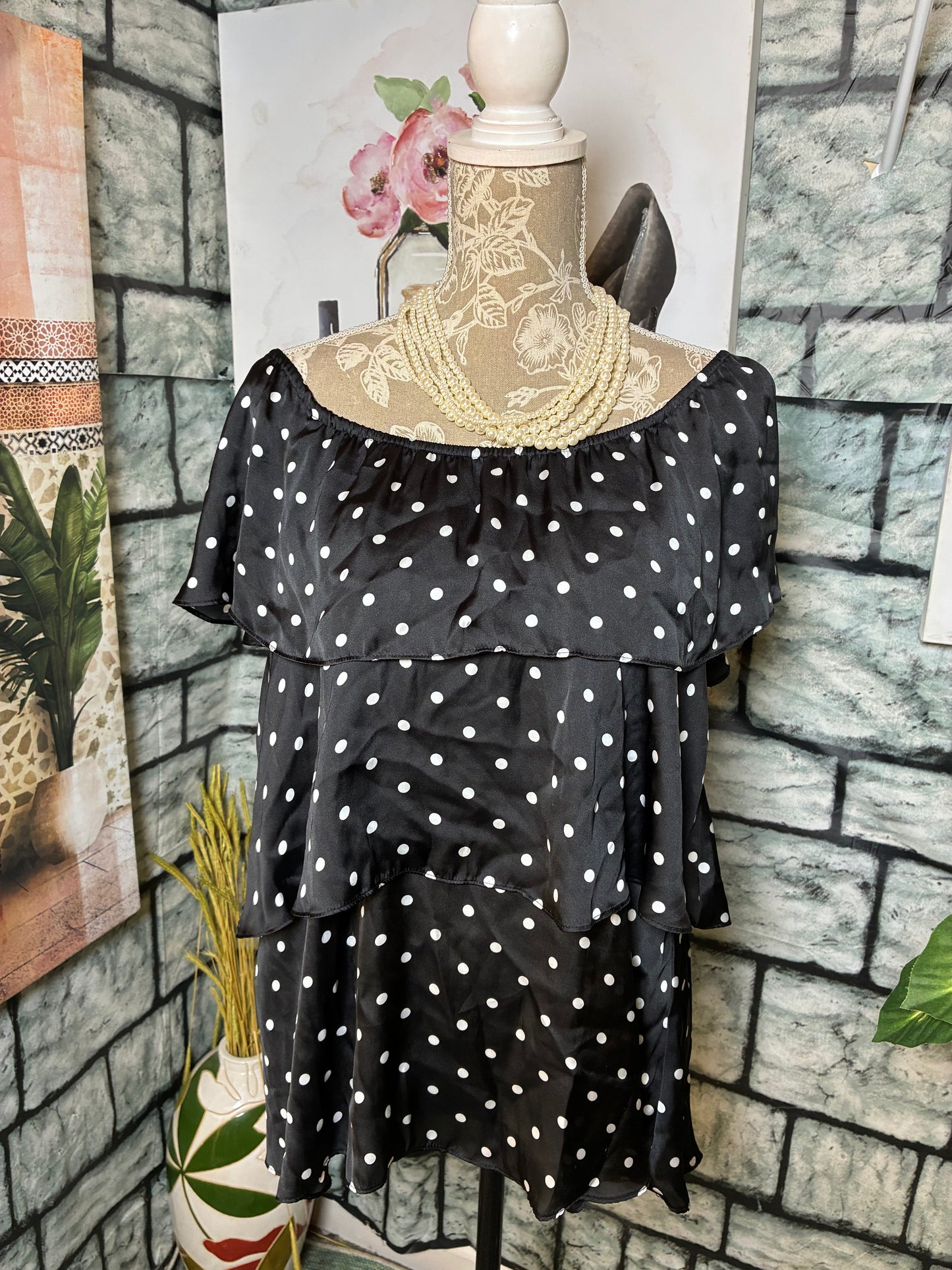 Spense Black White Polka Dot Blouse Women sz Large
