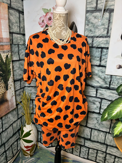 Orange Black Heart 2 Piece Short Set Women sz Small