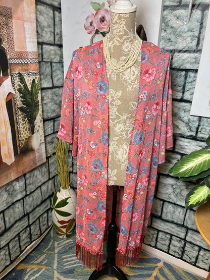 Time & Tru Pink Floral Duster Women sz Medium / Large