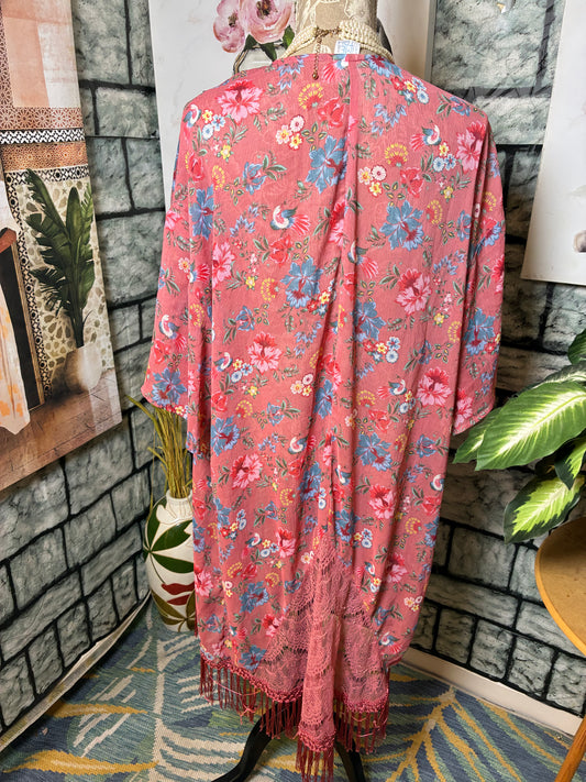 Time & Tru Pink Floral Duster Women sz Medium / Large