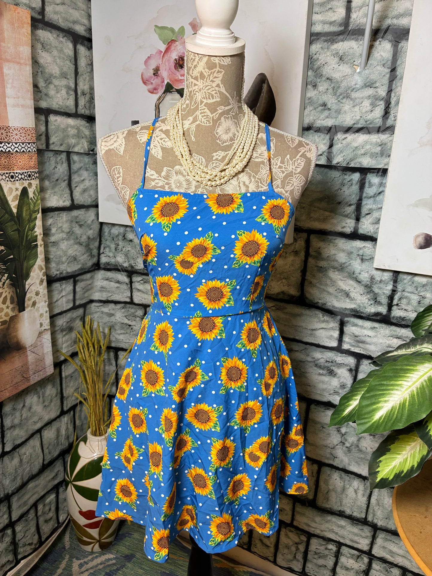 Shein Blue Sunflower Dress Women sz Medium