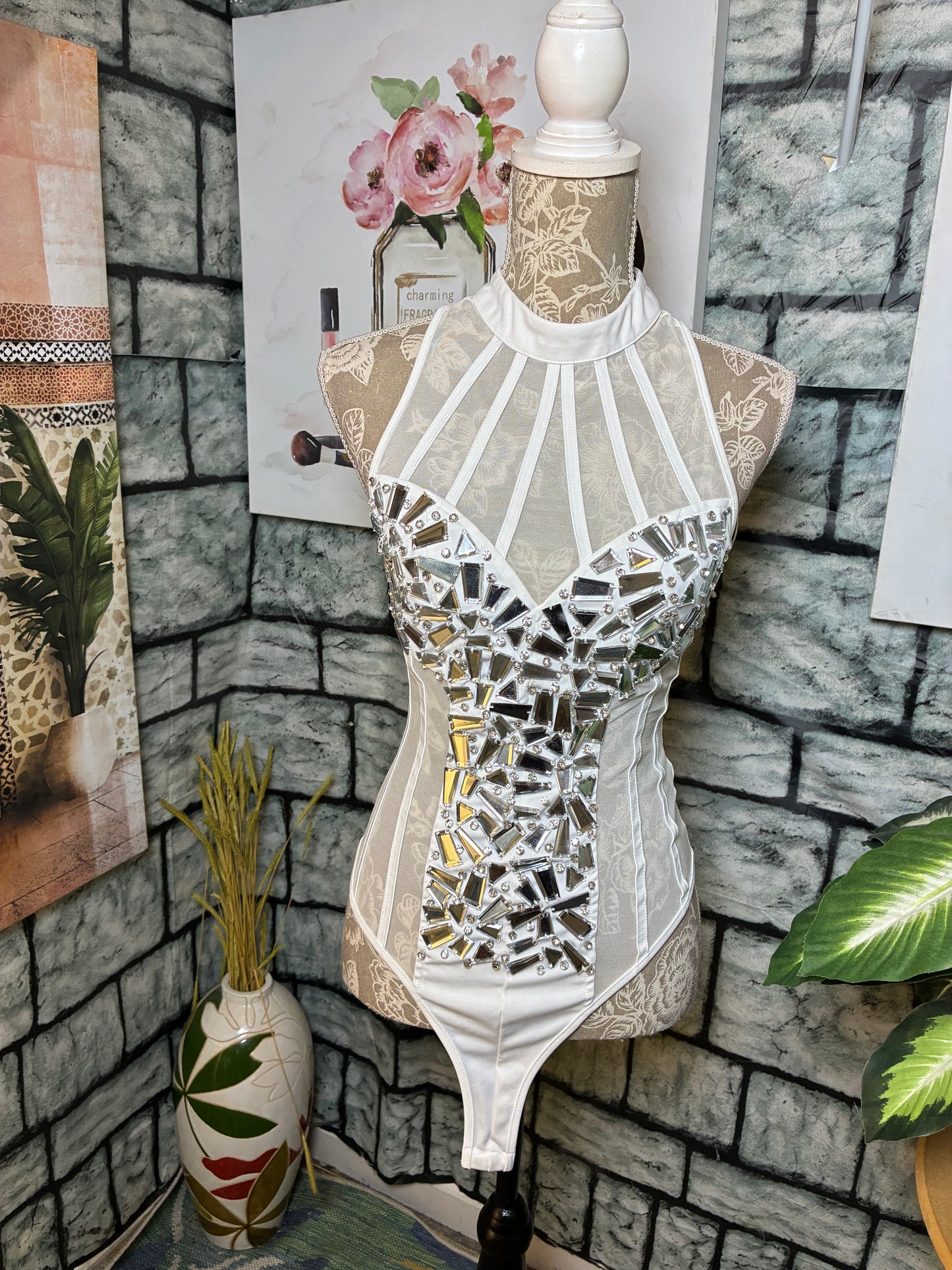 WOW White Rhinestone Bodysuit Top Women sz Small